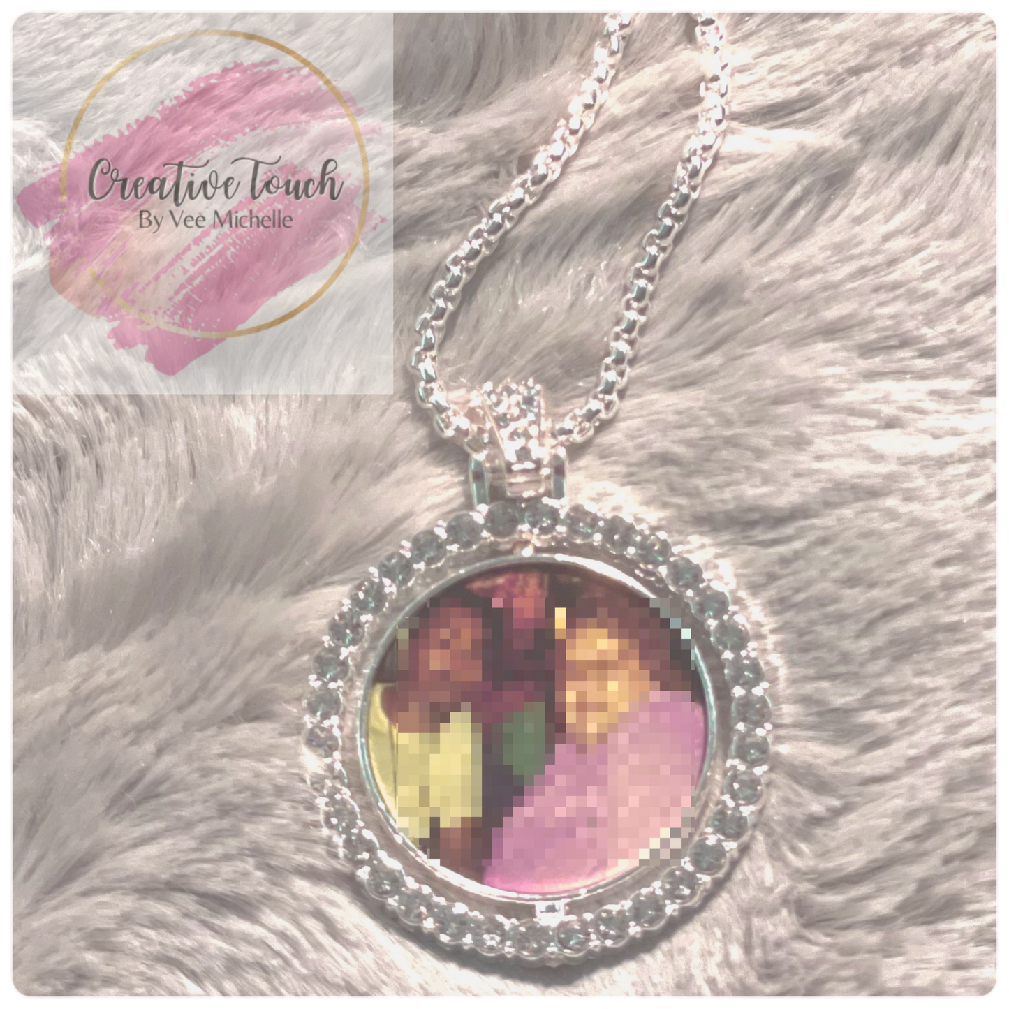 Round Photo Necklace w/ Rhinestones (Double-Sided)