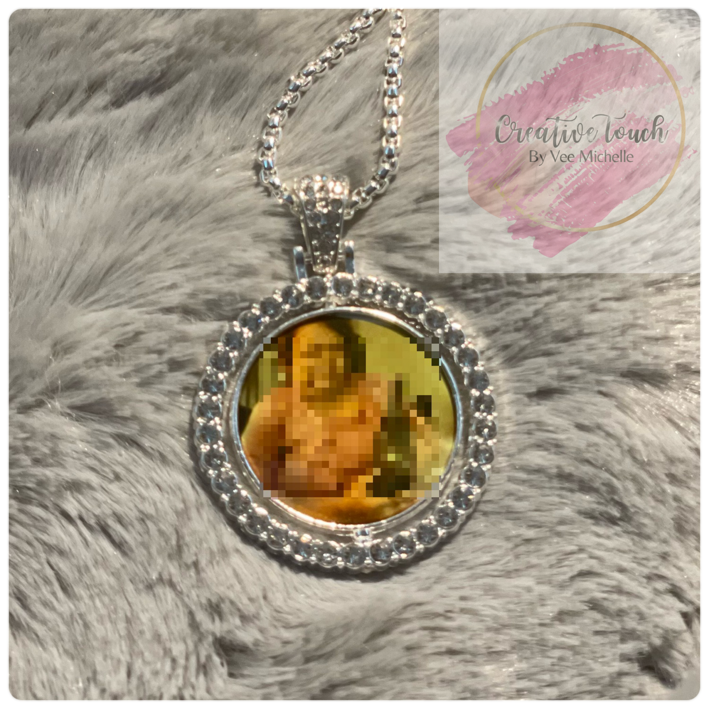 Round Photo Necklace w/ Rhinestones (Double-Sided)