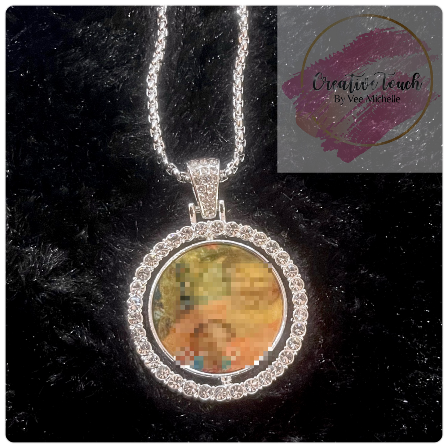 Round Photo Necklace w/ Rhinestones (Double-Sided)
