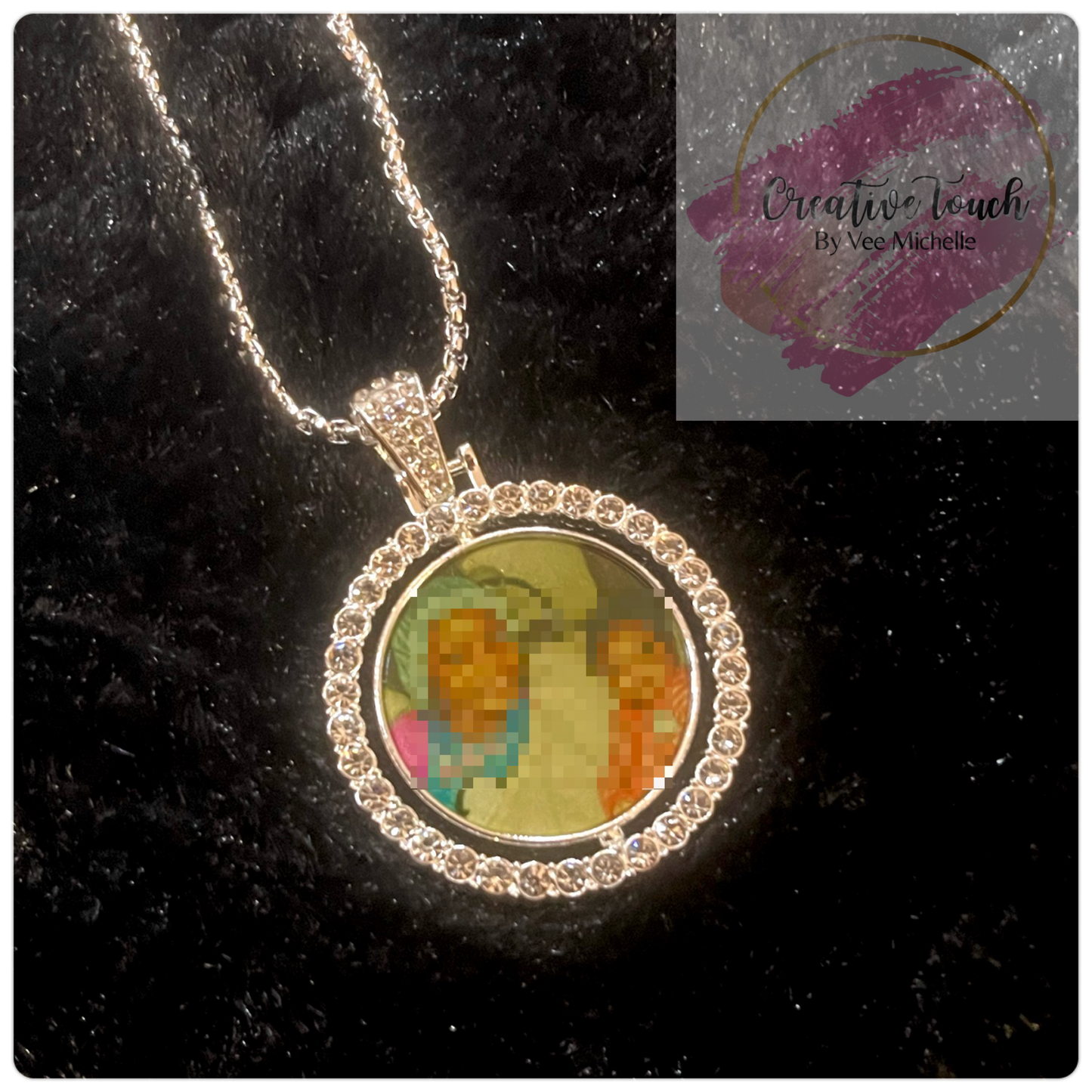 Round Photo Necklace w/ Rhinestones (Double-Sided)